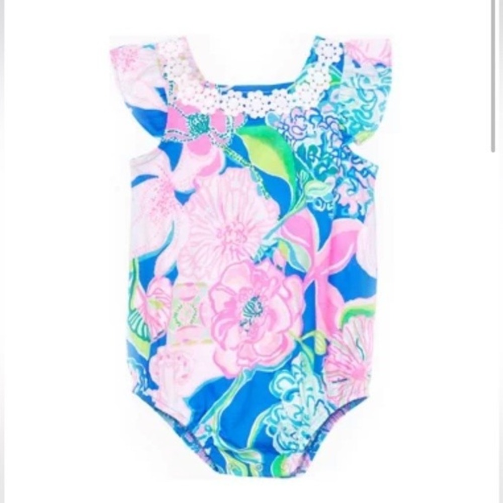 Lilly Pulitzer Girls Floral One-Piece Bodysuit in Blue, Pink, Green
